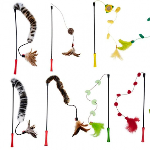 Cat Teaser Wand, Magic Feather Cat Toy with High Elasticity, Anti-Slip Handle Plush Pom-Pom & Blue Feather